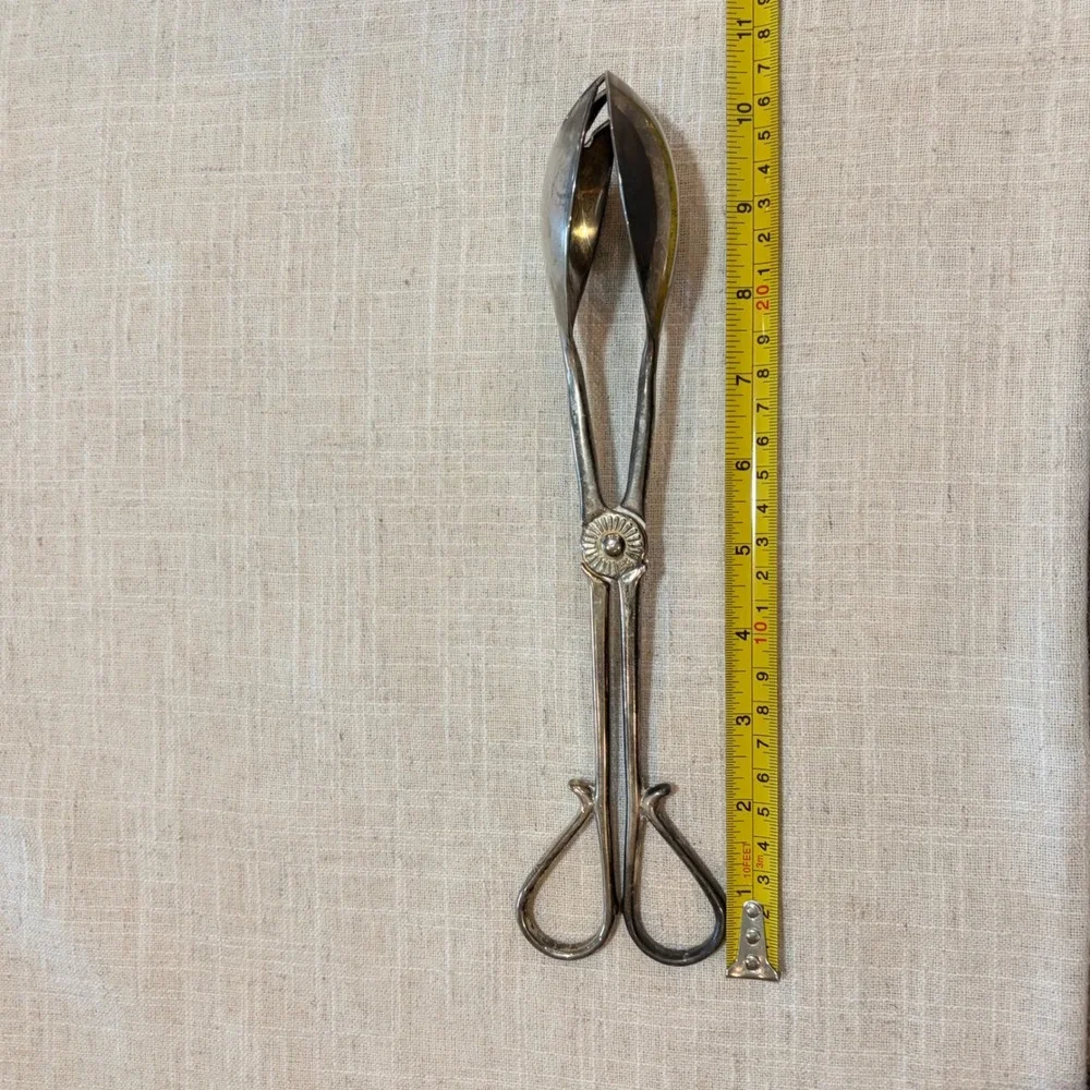 Vintage Silver Plate Scissor Serving Tongs E.P. Zinc Sunburst Hinge 10.75 Inch